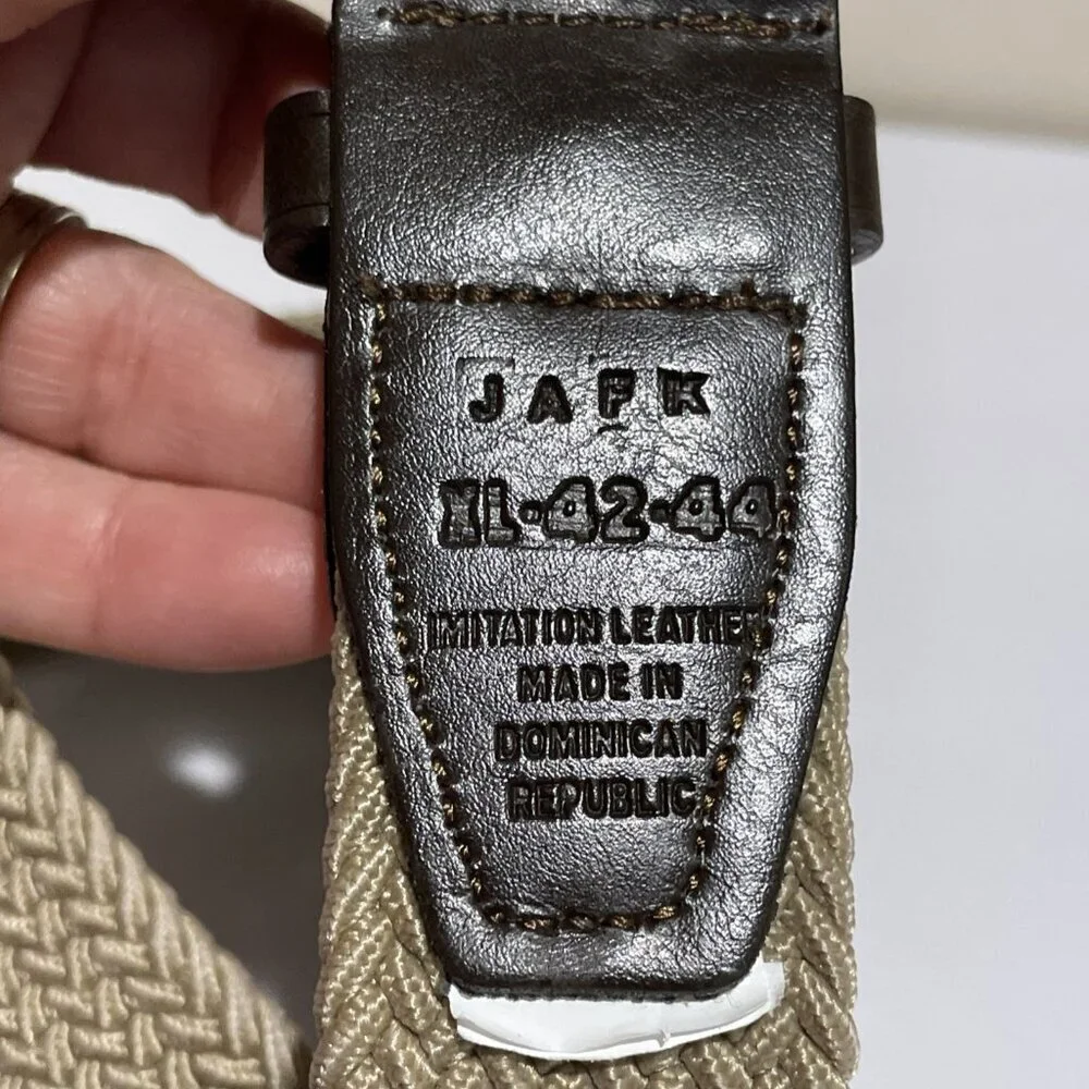 Vintage Cotton Rope Braided Belt Faux Leather Trim Men's XL Beige Metal Buckle